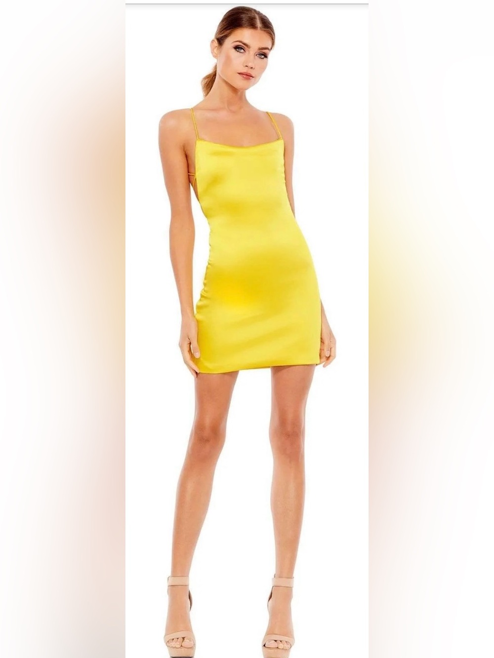 Ieena by Mac Duggal Satin Yellow Spaghetti-Strap Slip Dress NWT
